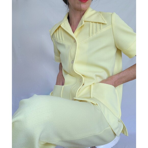 1970s Vintage Leisure Suit: Yellow Polyester Pantsuit, Womens Medium - Picture 2 of 10